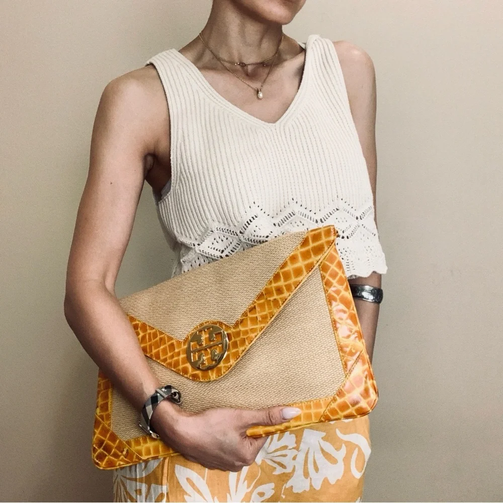 Tory Burch Yellow & Natural Raffia Envelope Crossbody
